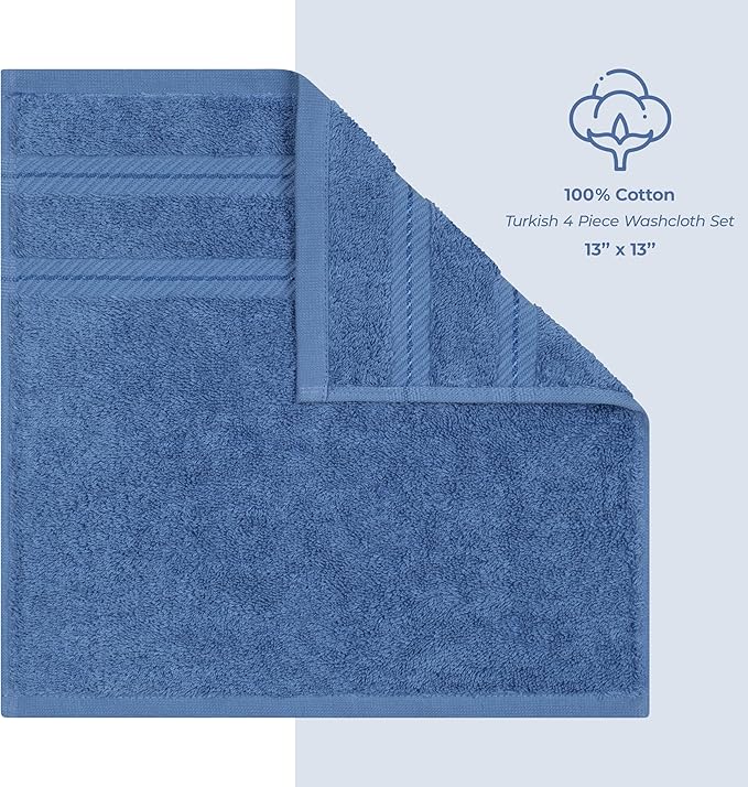 American Soft Linen Luxury Washcloths for Bathroom, 600 GSM 100% Cotton 4 Piece Turkish Wash Cloth Set, 13x13 in Soft Rags for Body and Face, Electric Blue Washcloths