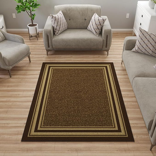 Ottomanson 5' x 6'6" Rugs for Living Room Border Area Rug for Bedroom - Non Slip Durable Large Floor Carpet for High Traffic Areas - Indoor Rug for Dining Room Kitchen Kids Playroom, Brown