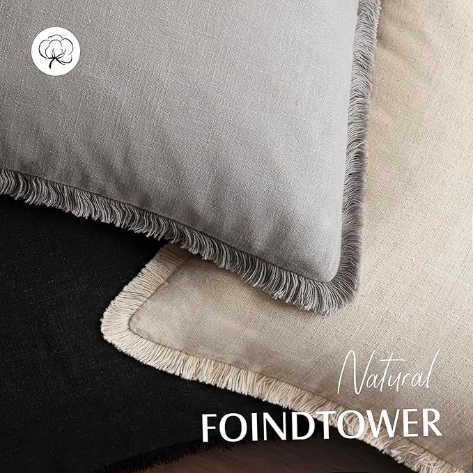Foindtower Set of 2 Decorative Linen Fringe Throw Pillow Covers Cozy Boho Farmhouse Cushion Cover with Tassels Accent Pillowcase for Couch Sofa Bed Living Room Home Decor,26×26 Inch,Light Rustic Gray