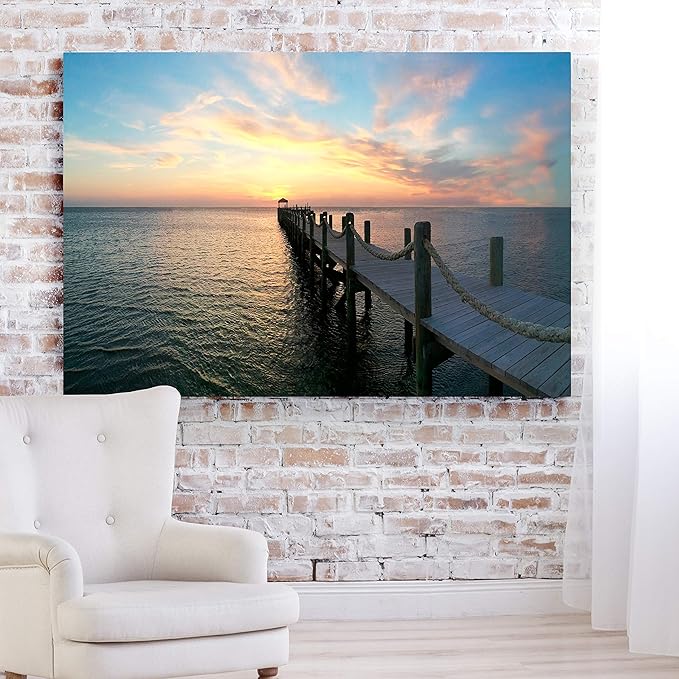 Renditions Gallery Canvas Nature Art Landscape View of Orange Sunset at Ocean Pier Wall Hanging Prints for Office Home Kitchen Decorations - 12"X18" LT08