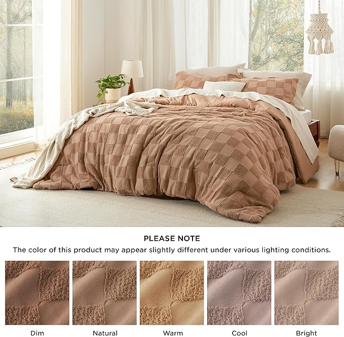 Bedsure Queen Size Comforter Set Taupe, Boho Tufted Bed Set, Checkered Farmhouse Shabby Chic Bedding, 3 Pieces, 1 Plaid Geometric Comforter and 2 Pillow Shams