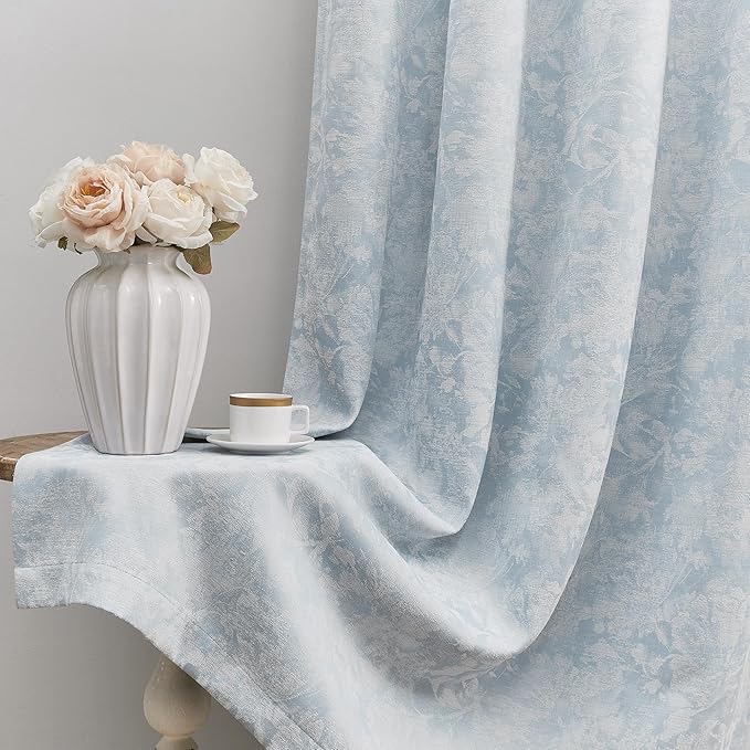 Beauoop Blue Floral Jacquard Blackout Curtains 84 Inches Long for Patio Sliding Door Extra Wide Chenille Flower Divider Room Darkening Thermal Soundproof Grommet Window Drapes, 100x84 Set of 1