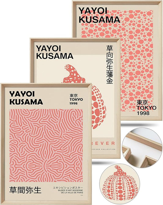 UPWOIGH 12x16 Framed Wall Art Set of 3, Yayoi Kusama Pumpkin Infinity Net Dots Canvas Prints, Modern Cotton Pattern Wall Decor for Living Room Bedroom, Gift