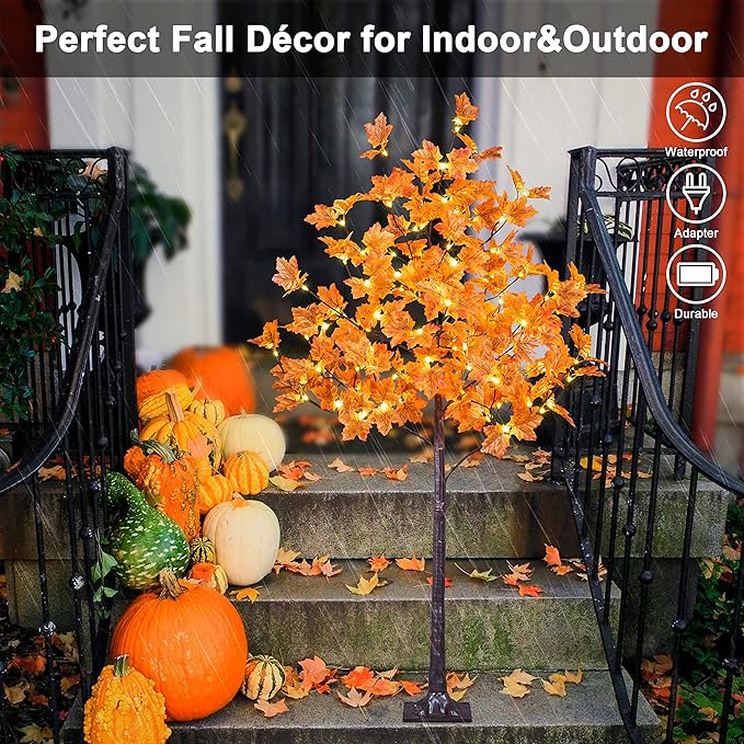 LIGHTSHARE 5FT 96LED Artificial Lighted Maple Tree Warm White Halloween Fall Decorations Indoor Ourdoor, Orange