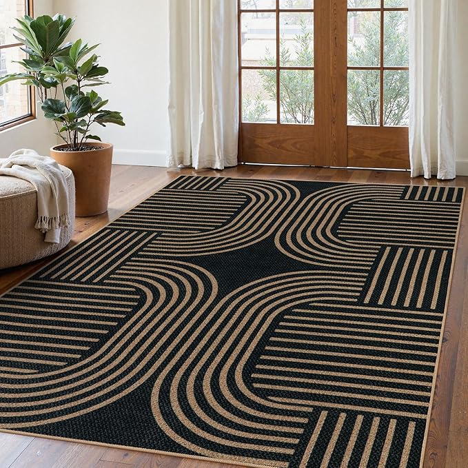 Lahome Modern Geometric Outdoor Easy Jute Rug, 5x7 Patio Living Room Rug Large Black Carpet for Bedroom, Farmhouse Washable Indoor Outdoor Carpet for Dining Room Backyard Deck