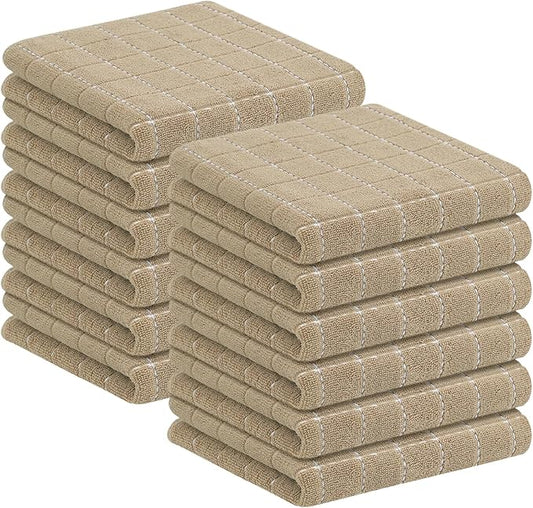 Homaxy 100% Cotton Terry Kitchen Towels(Tan, 13 x 28 inches), Checkered Designed, Soft and Super Absorbent Dish Towels, 12 Pack