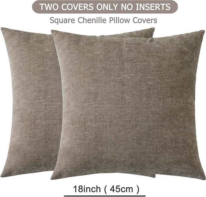 GAWAMAY Decorative Square Throw Pillow Covers 18"x18" Inch Set of 2, Super Soft Chenille Pillows Farmhouse Fall Pillowcase for Living Room Bedroom Sofa Couch Cushion Cover Taupe Grey 45x45cm