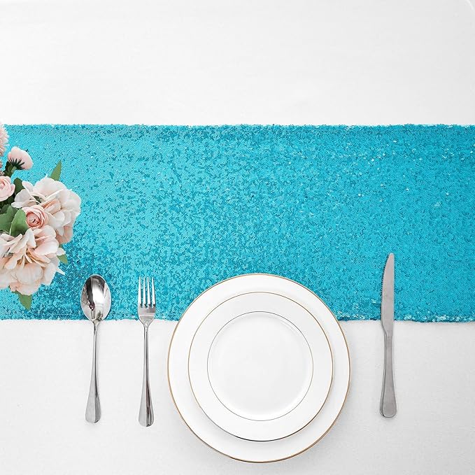 6 Packs 12 x 108 inches Turquoise Sequin Table Runner, Glitter Turquoise Blue Table Runner for Wedding Birthday Bachelorette Holiday Party Supplies Decorations Bridal Shower Baby Shower