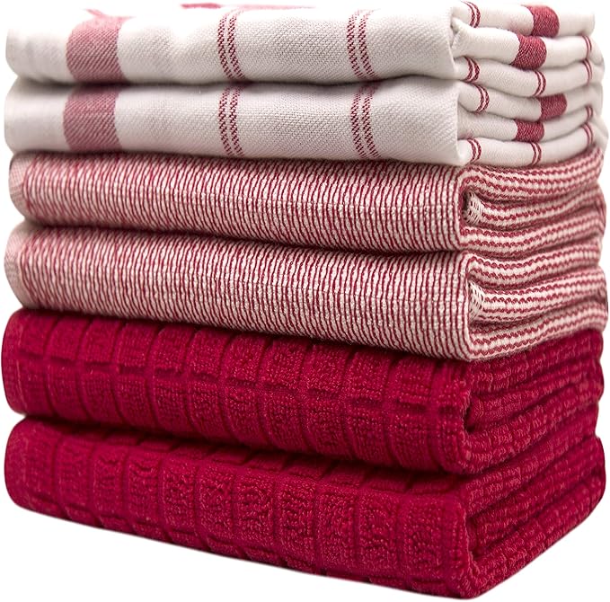 Premium Kitchen Towels (20”x 28”, 6 Pack) – Large Cotton Kitchen Hand Towels – Flat & Terry Towel – Highly Absorbent Tea Towels Set with Hanging Loop (Red Check)
