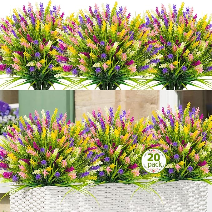 N&T NIETING 20 Bundles Artificial Plants Outdoor Fake Monkey Grass with Flowers for Pot Garden Verandah Decor for Window Garden Office Patio Hanging Planter Pathway Front Porch (Mix Color)