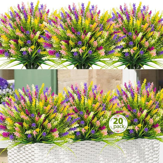 N&T NIETING 20 Bundles Artificial Plants Outdoor Fake Monkey Grass with Flowers for Pot Garden Verandah Decor for Window Garden Office Patio Hanging Planter Pathway Front Porch (Mix Color)