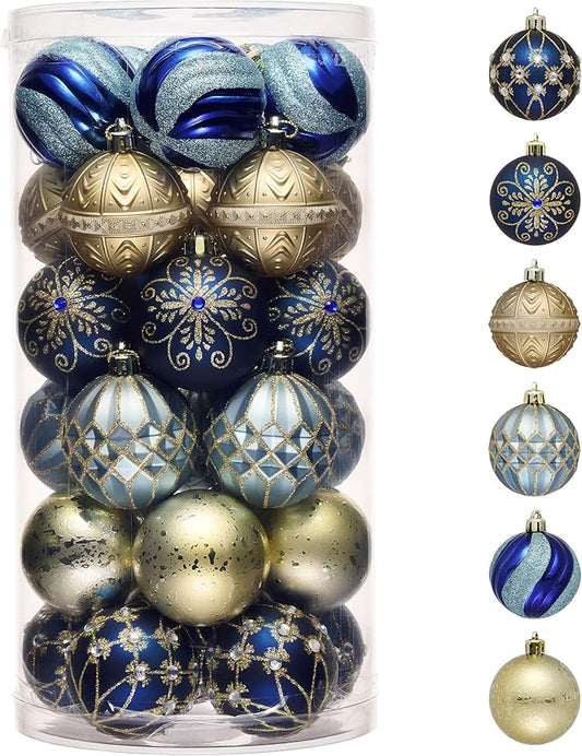 Valery Madelyn Christmas Ornaments Set, 30ct 2 Inches Blue and Gold Shatterproof Christmas Tree Decorations Ball Ornaments Bulk, Luxury Hanging Ornaments for Xmas Holiday Party Decor