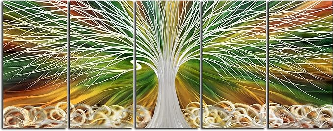 Yihui Arts Abstract Metal Wall Art - Tree Of Life Hand Crafted 5 Pieces Panels Large Big Unique 3D Aluminum Modern Contemporary Home Accent