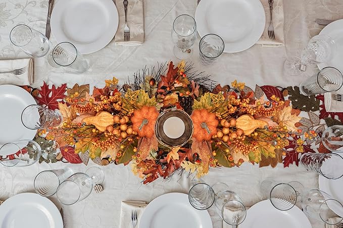 31.5" Artificial Fall Leaf Stems Autumn Leaves Decor, Fall Pumpkin Decorations for Home, 2 Pcs Artificial Berry Maple Leaf Floral Arrangement Long Stems Branches for Festival Vases Centerpieces Swags