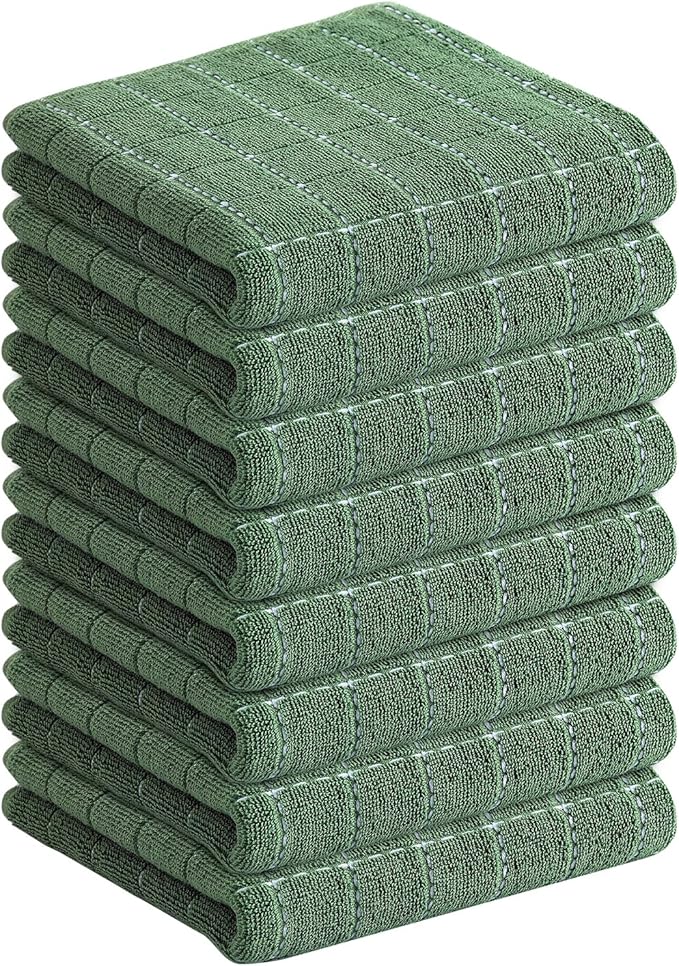 Homaxy 100% Cotton Terry Kitchen Towels(Grass Green, 13 x 28 inches), Checkered Designed, Soft and Super Absorbent Dish Towels, 8 Pack