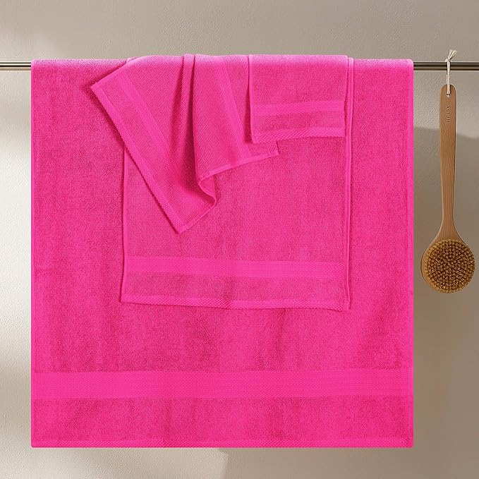 GLAMBURG Ultra Soft 8-Piece Towel Set - 100% Pure Ringspun Cotton, Contains 2 Oversized Bath Towels 27x54, 2 Hand Towels 16x28, 4 Wash Cloths 13x13 - Ideal for Everyday use, Hotel & Spa - Hot Pink