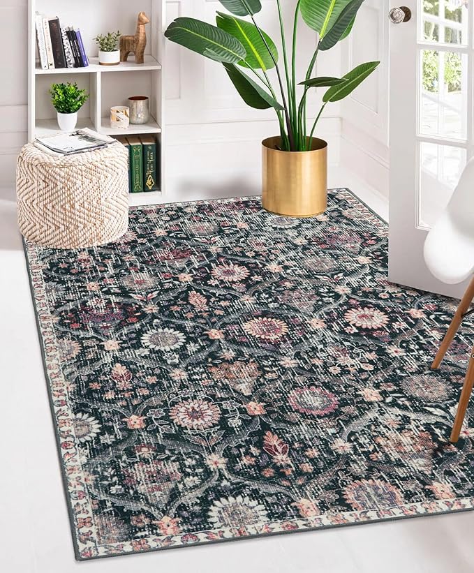 Lahome Moroccan Trellis Washable Small Area Rug, 3x5 Black Rug for Bedroom Living Room, Non-Slip Oriental Accent Throw Carpet for Kitchen Office Entryway Bathroom Office, Black/Multi