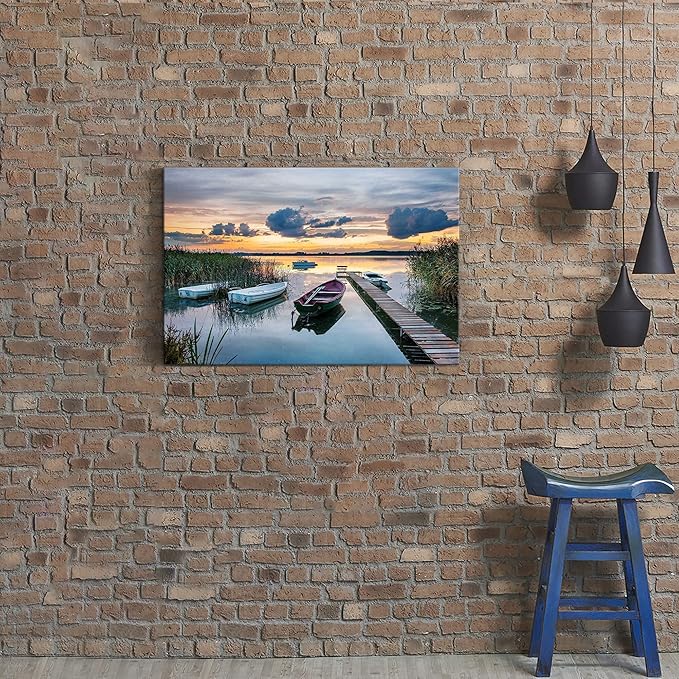 Lake Pier Canvas Wall Art: Modern Rustic Sunset Scenery Picture Nature Reed Landscape Painting Wilderness Boat Shore Gallery Artwork Colorful Skyline Sunrise Scene Prints for Bedroom Bathroom