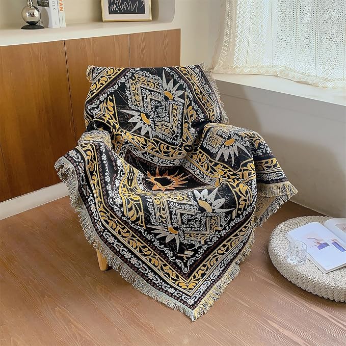 Boho Throw Blanket Reversible Cotton Bohemian Tapestry Hippie Room Decor Double Sided (The Block 50"x60")