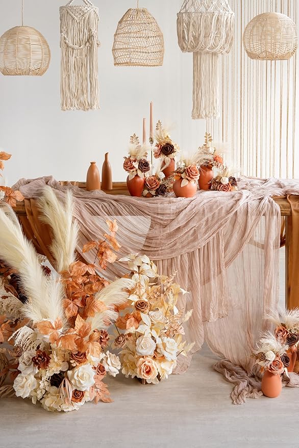 Ling's Moment 14Ft x 35" Wide Nude Gauze Semi-Sheer Table Runner Cheesecloth Ivory Tablecloth for Wedding Party Bridal Shower Boho Beige Table Decor Neutral Warm Sand