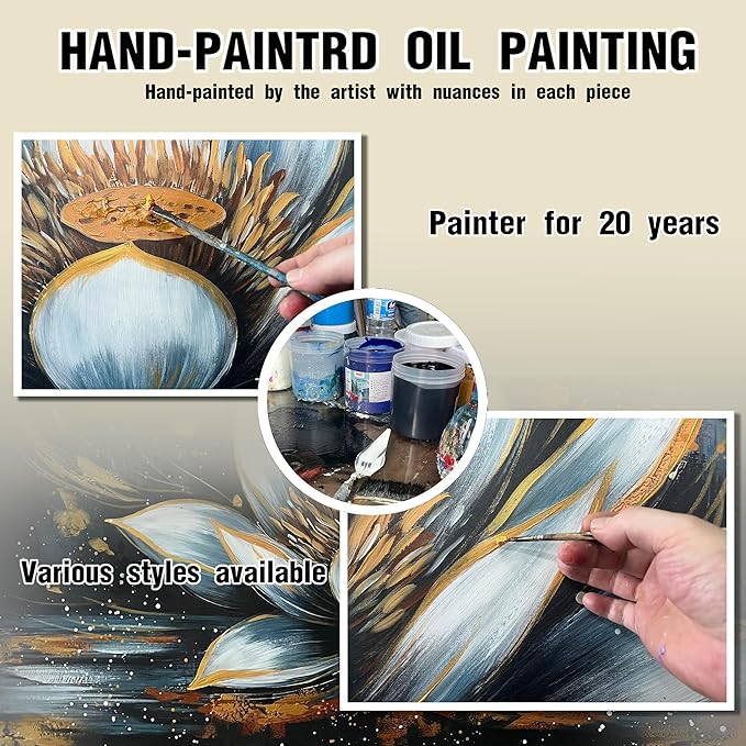 Lotus Flower Hand Painted Wall Art for Bedroom - Black and White Pictures Wall Art for Living Room - Black Framed Wall Art for Office Size 29" x 59"