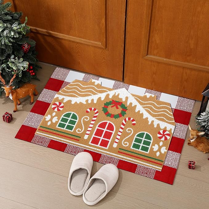 2 Pcs Christmas Door Mat Gingerbread House Welcome Non Slip Coir Mats Merry Xmas Red White Buffalo Plaid Floor Layering Doormats Seasonal for Front Porch Entryway Decor(Gingerbread House)