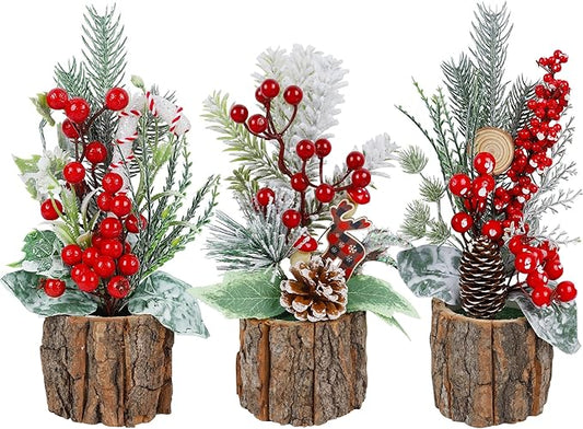 winemana 3 Pack Mini Christmas Trees Table Decorations, 11.5 Inch Small Artificial Xmas Tree Centerpieces with Red Berries & Pine Cones for Home, Office, Tabletop, Indoor Holiday Party Decor
