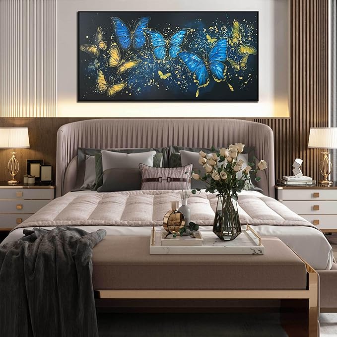 Bedroom Butterfly Pictures Wall Decor for Women - Gold and Blue Wall Art for Living Room - Framed Hand Painted Oil Paintings on Canvas Wall Art Size 29" x 59"
