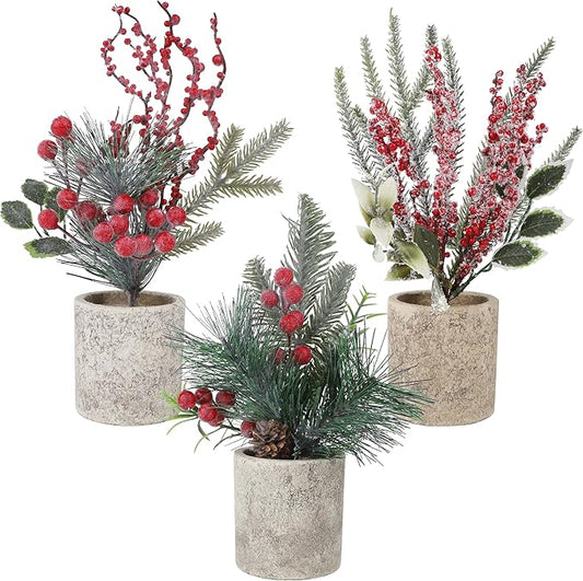 winemana Mini Christmas Tree Table Decorations Indoor, 3 Pcs Small Artificial Xmas Trees Decoration with Red Berries Pine Cone for Centerpiece Kitchen Office Tabletop Home Holiday Decor