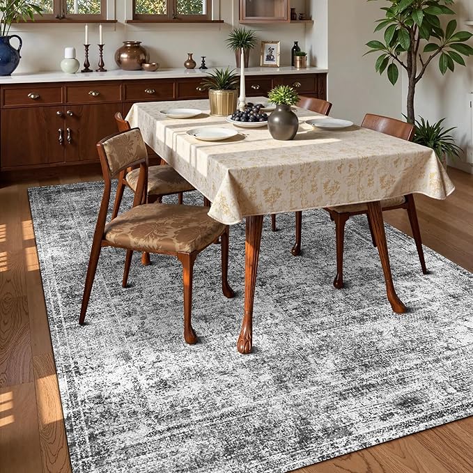 Washable Area Rug 5' x 7' Vintage Traditional Persian Mat - Foldable Distressed Non-Slip Machine Washable Carpet for Living Room Bedroom Kitchen Home Decor - Graphite and Mist
