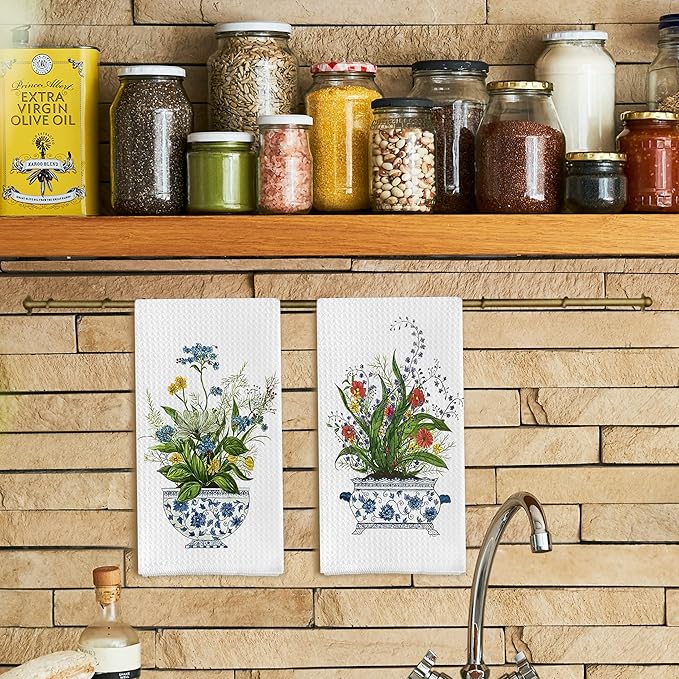 Chinoiserie Floral Kitchen Towels Set of 2 - Retro Flower Chinoiserie Dish Towels for Kitchen, Chinoiserie Kitchen Hand Towels, Chinoiserie Waffle Weave Tea Towels Decorative Set 16 X 24 Inch
