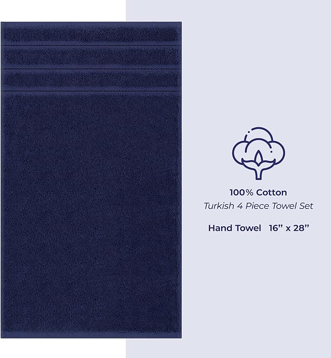 American Soft Linen Luxury Hand Towels for Bathroom, 600 GSM 100% Cotton Turkish 4 Piece Hand Towel Set, 600 GSM Hand Face Towels for Kitchen, Navy Blue Hand Towels