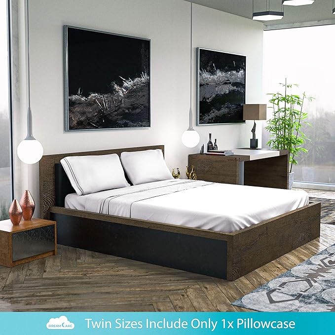 DREAMCARE Twin Sheets Set – 3pcs Cooling Sheets – up to 15” Deep Pocket Twin Sheet Set – Hotel Luxury Sheets & Pillowcases – Superior Softness 100% Fine Microfiber with Side Pocket – White