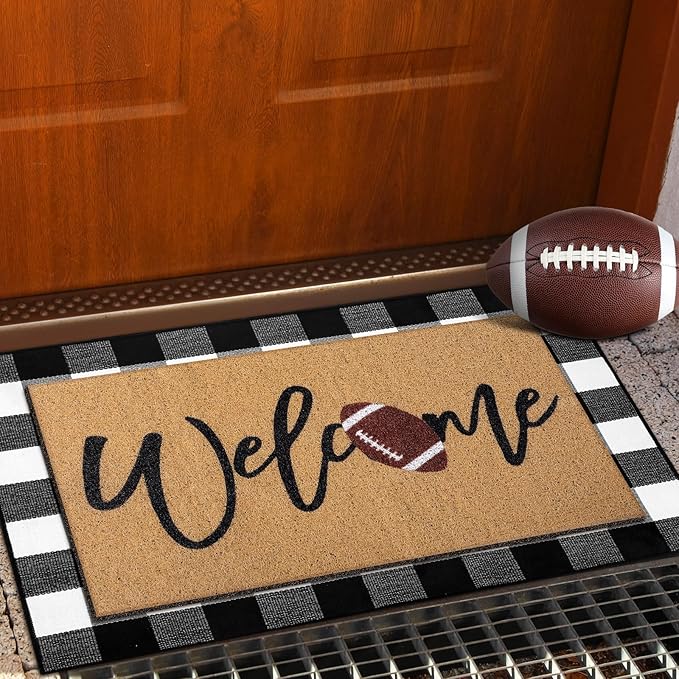2 Pcs Football Door Mat Welcome Non Slip Coir Mats Funny Black White Buffalo Plaid Floor Layering Doormats Seasonal for Front Porch Entryway Decor(Football)