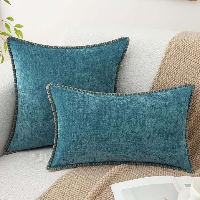 decorUhome Chenille Soft Throw Pillow Covers 24x24 Set of 2, Farmhouse Velvet Neutral Decorative Euro Pillow Covers with Stitched Edge for Couch Sofa Bed Home Decor, Teal