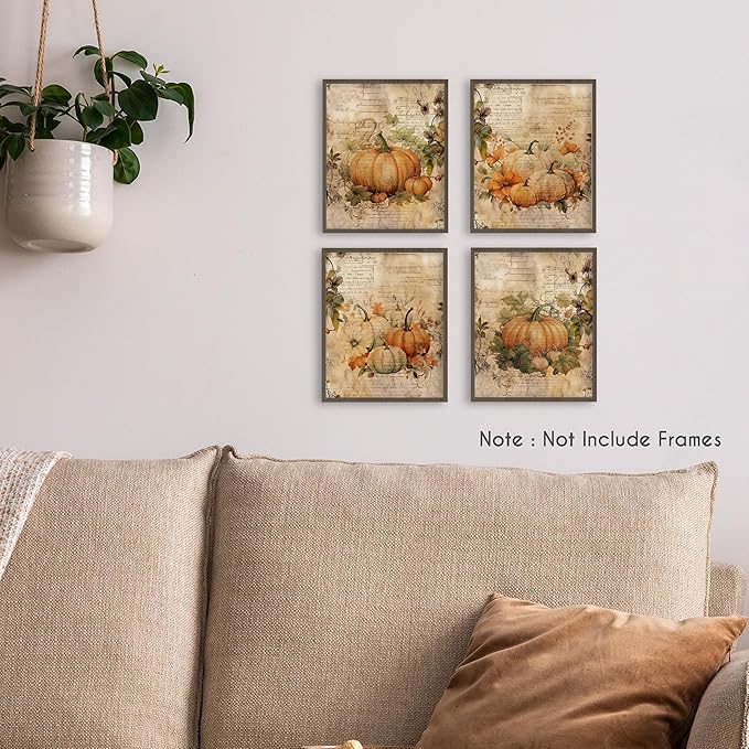 HRQKO Vintage Fall Wall Art Poster Prints Set of 4, Fall Wall Decor, Farmhouse Pumpkin Decor Artwork Prints Posters Wall Decor, Fall Pumpkin Decorations for Home Bedroom Kitchen 8”x10” Unframed