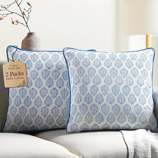 CPC 100% Cotton Throw Pillow Covers 20x20 Inch, Set of 2 Green Block Print Pattern Couch Pillow, Cute Boho Decorative Pillows for Living Room, Bedroom with Hidden Zipper- Royal Blue