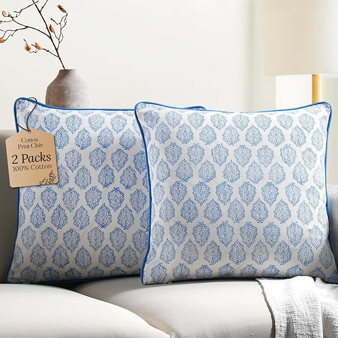 CPC 100% Cotton Throw Pillow Covers 18x18 Inch, Set of 2 Green Block Print Pattern Couch Pillow, Cute Boho Decorative Pillows for Living Room, Bedroom with Hidden Zipper- Royal Blue