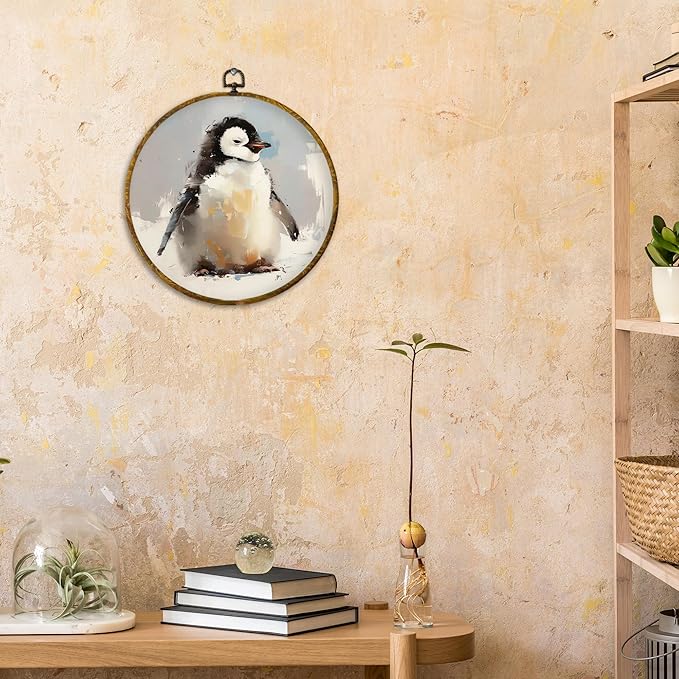 CUANFDDSF Christmas Winter Penguin Round Wall Art Decor, Rustic Winter Penguin Wall Hanging Frame Decor, Farmhouse Christmas Animal Canvas Prints Decorations for Home Bedroom Living Room, 10x10 Inch