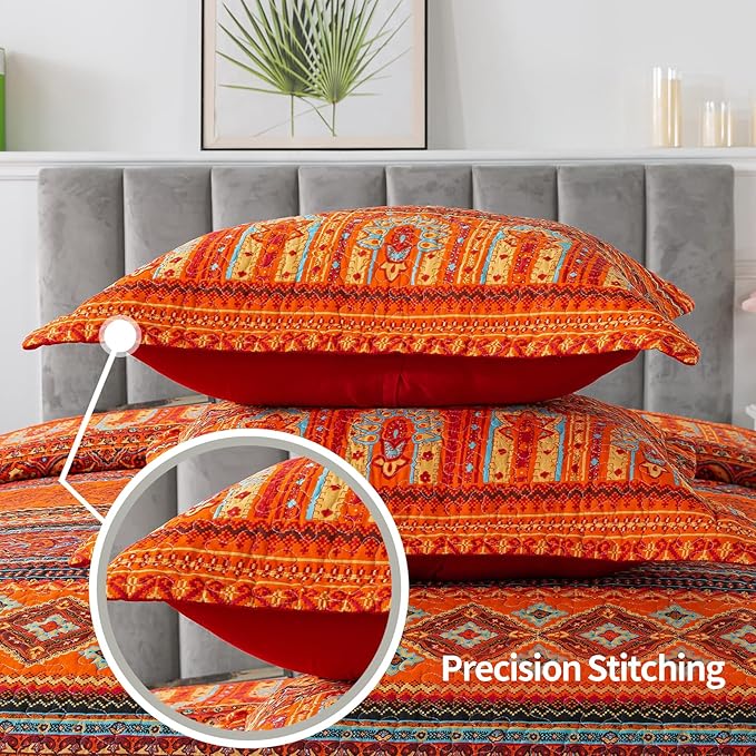 VAPUTAR Cotton Quilt Queen Size Bedding Set - 3 Pieces, Boho Queen Size Quilts, Lightweight Reversible Coverlets Bedspreads for Farmhouse Bedroom (Red/Orange)