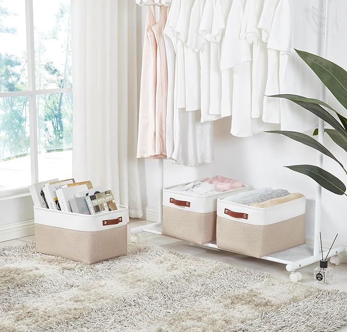 DECOMOMO Storage Baskets for Shelves - Fabric Closet Organizers and Storage Bins, Perfect Baskets for Organizing Closet Toys Nursery (Beige and White, XL - 3 Pack)
