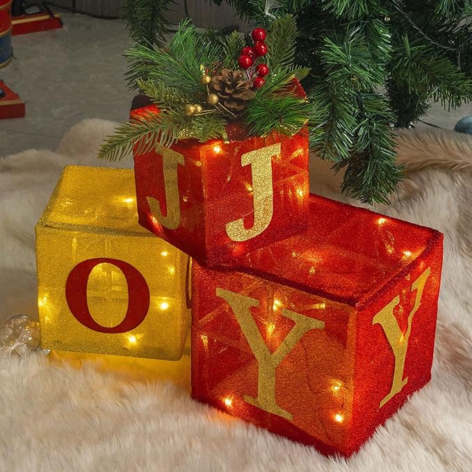 Hourleey Set of 3 Christmas Lighted Gift Boxes, Pre-lit 60 LED Light Up Joy Present Boxes Ornament Decorations for Indoor Outdoor Xmas Tree Home Yard Lawn Decor