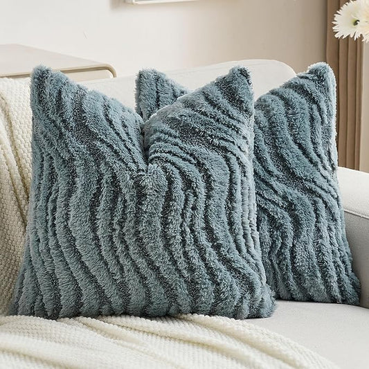 FUTEI Blue Decorative Throw Pillow Covers 26x26 Inch Set of 2,Soft Faux Fur Geometric Shapes Texture Euro Pillow Shams,Boho Home Decor for Couch Bed Living Room