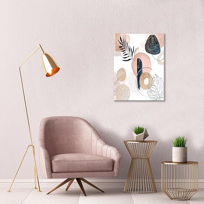 Boho Wall Art Prints, Boho Wall Decor, Abstract Pink and Navy Blue Botanical Design Minimalist Art, Natural Framed Canvas Prints Artwork For Living Room Bathroom Bedroom Wall Decor 12"x16"