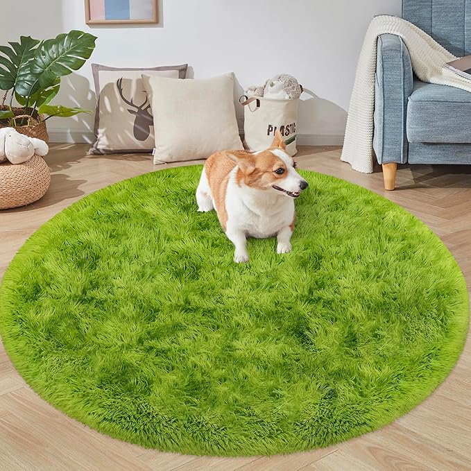 5x5 ft Tie Dye Green Round Rug for Bedroom Room Fluffy Circle Rug Furry Carpet Shaggy Circular Fuzzy Washable Non-Slip Large Area Rug Soft Indoor for Living Room Cute Aesthetic Home Decor