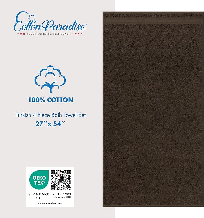 Cotton Paradise 4 Piece Turkish Bath Towels for Bathroom, 100% Cotton Extra Large Soft Plush Towels Bathroom Set, Brown