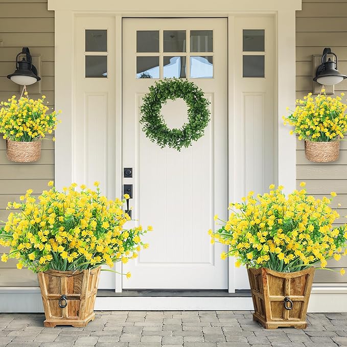 Sggvecsy Artificial Flowers for Outdoors 24 Bundles UV Resistant Boxwood Shrubs Artificial Eucalyptus Fake Plants Faux Plastic Greenery for Farmhouse Garden Home Indoor Outdoor Decoration（Yellow）