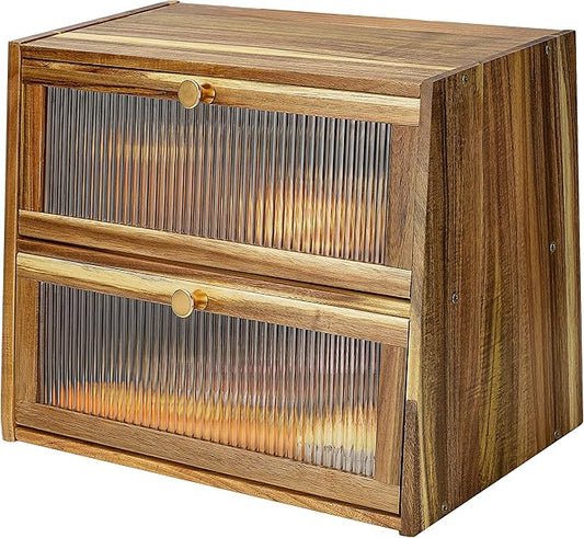 Acacia Wooden Bread Box for Kitchen Countertop,Extra Large 2 Layer Breadbox Holder Farmhouse Bread Storage Container Bread Bin Food Organizer Pantry Shelf Acrylic Window