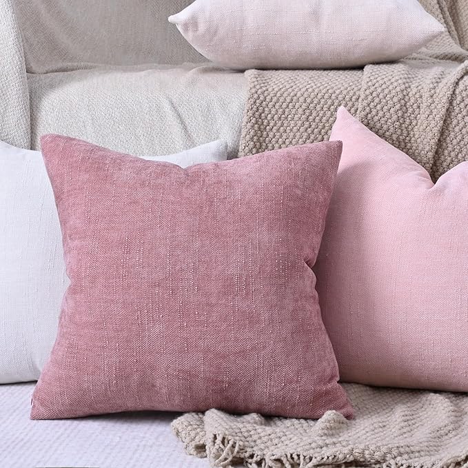 Set of 4 Soft Textured Decorative Throw Pillow Covers 24x24 Inch Cozy Farmhouse Cushion Cover Square Accent Pillow Cases for Bed Couch Sofa Living Room, Light Pink