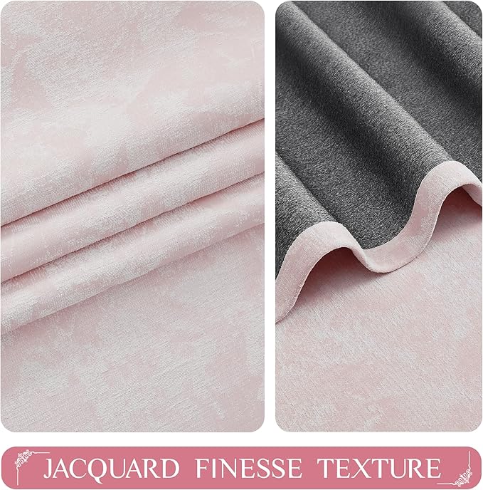 Beauoop Pink Floral Jacquard Blackout Curtains 96 Inches Long 2 Panels for Bedroom Living Room Chenille Flower Room Darkening Thermal Insulated Soundproof Grommet Window Treatments Drapes, 52x96